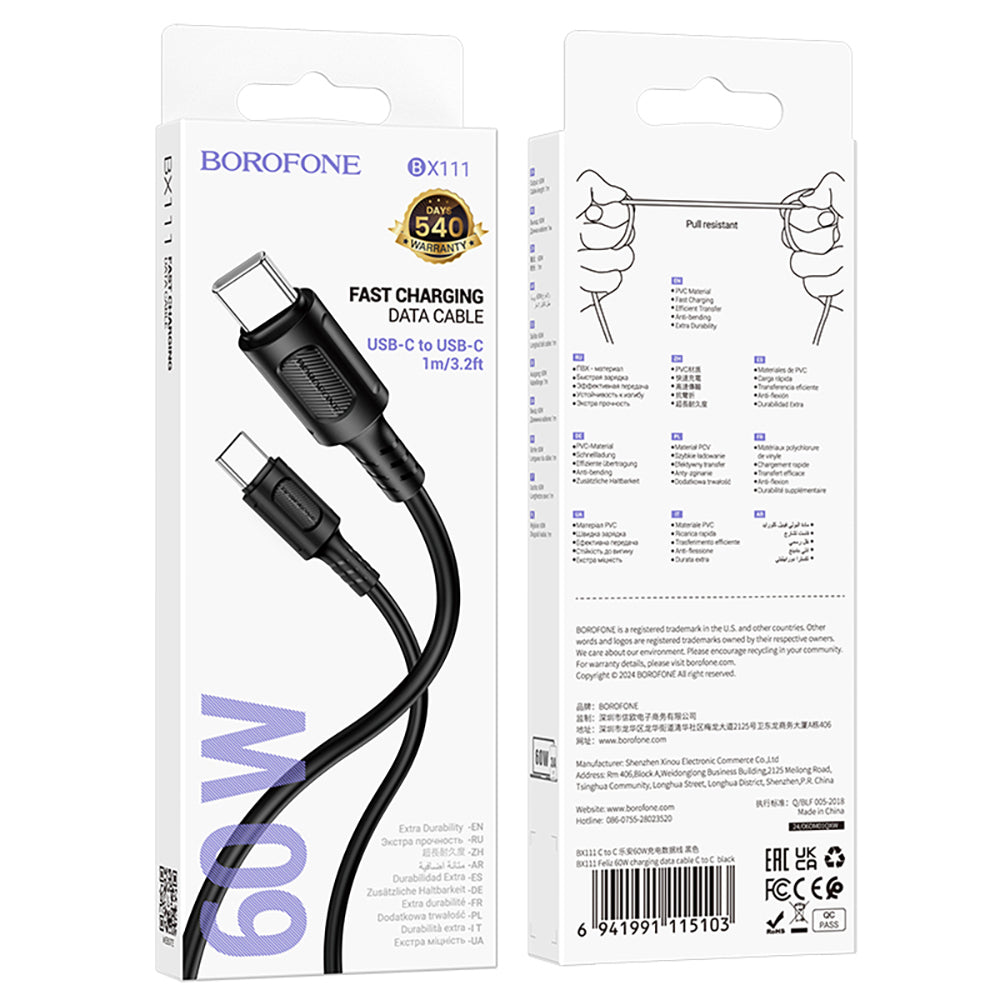 USB-C Data- en Oplaadkabel - USB-C Borofone BX111 Feliz, 60W, 1m, Zwart