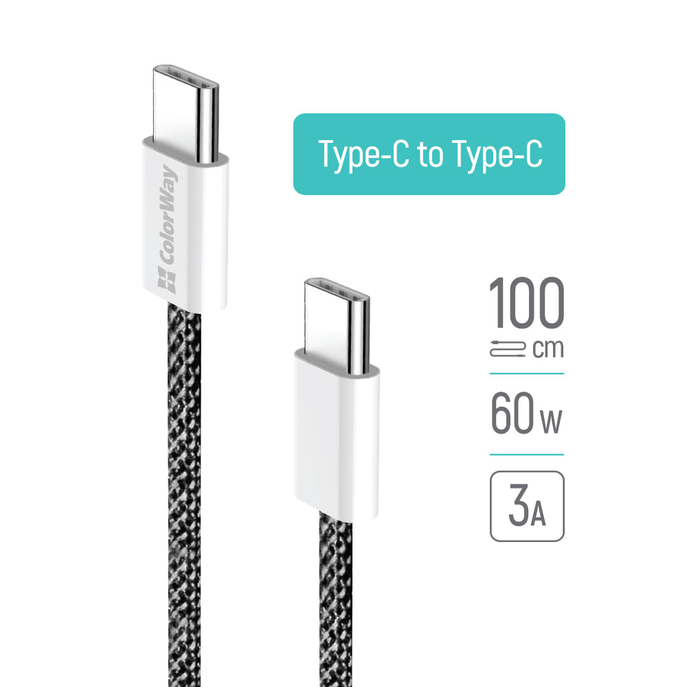 Data- en Oplaadkabel USB-C - USB-C ColorWay CW-CBPDCC061, 60W, 1m, Zwart