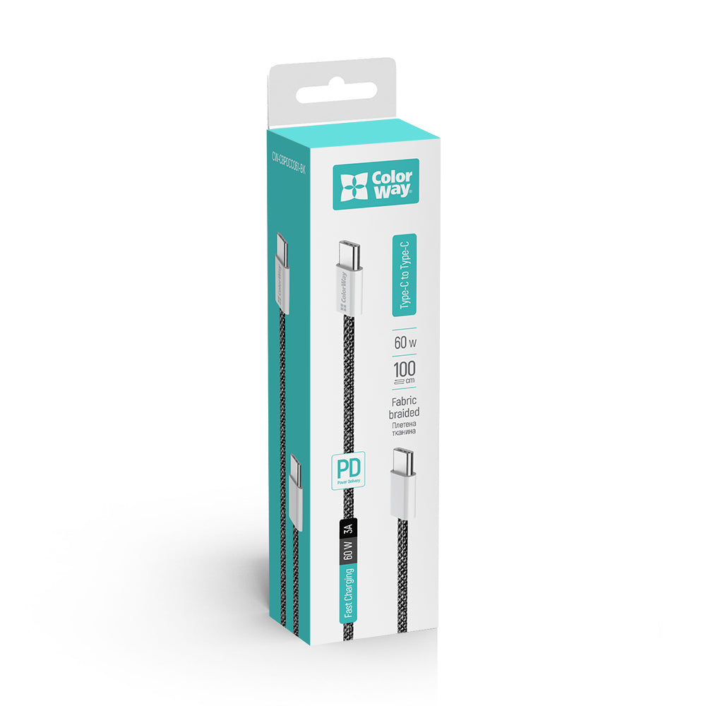 Data- en Oplaadkabel USB-C - USB-C ColorWay CW-CBPDCC061, 60W, 1m, Zwart