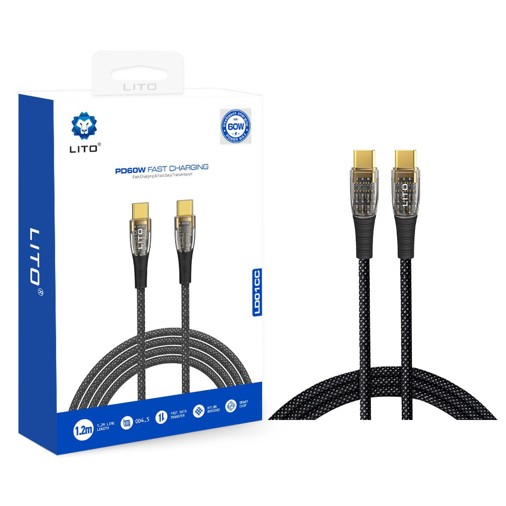 USB-C Data- en Oplaadkabel - USB-C Lito LD01, 60W, 1.2m, Zwart