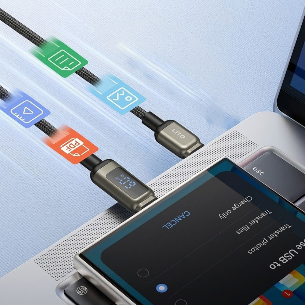 Data- en Oplaadkabel USB-C - USB-C Lito LD15 Display, 60W, 1m, Zwart