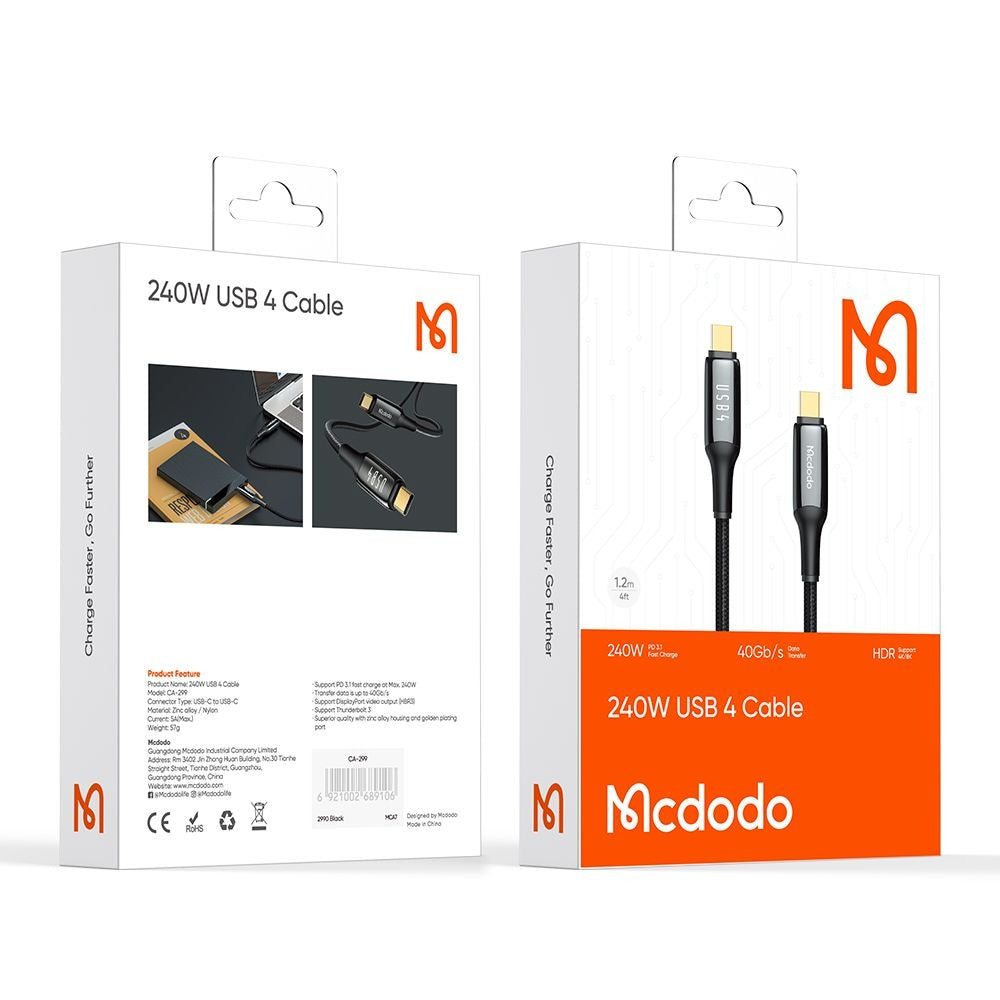 USB-C - USB-C Data- en Oplaadkabel McDodo CA-2990, 240W, 1.2m, Zwart