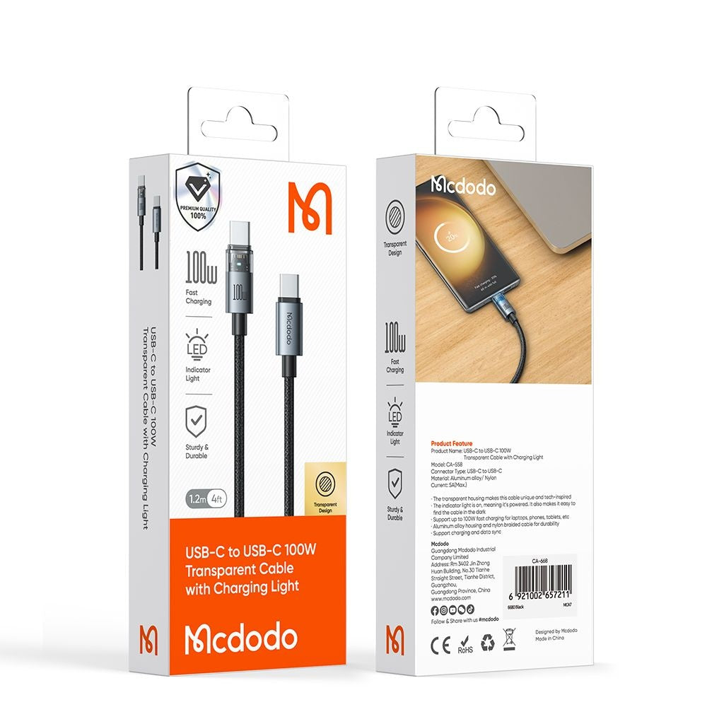 USB-C Data- en Oplaadkabel - USB-C McDodo CA-5580, 100W, 1.2m, Zwart