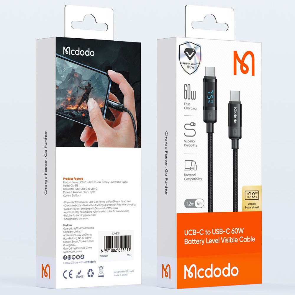 USB-C - USB-C Data- en Oplaadkabel McDodo CA-5780 Bat Display, 60W, 1.2m, Zwart
