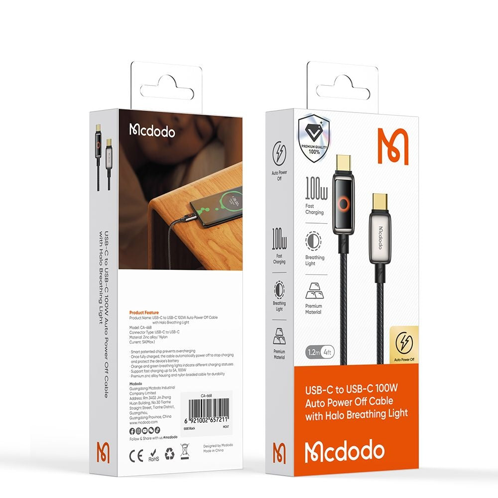 USB-C Data- en Oplaadkabel - USB-C McDodo CA-6680 Auto Power Off, 100W, 1.2m, Zwart