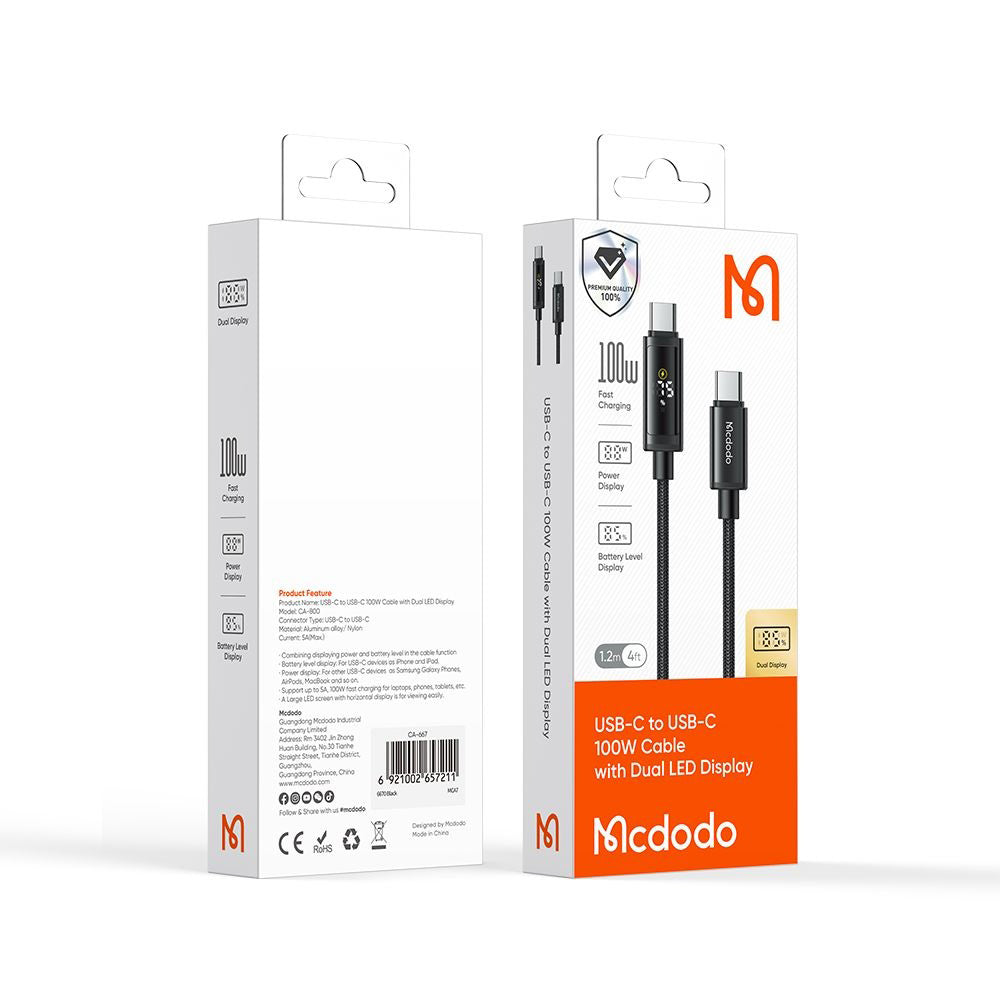 USB-C - USB-C Data- en Oplaadkabel McDodo CA-8000 Display, 100W, 1.2m, Zwart