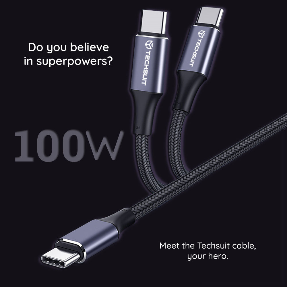 Data- en Oplaadkabel USB-C - USB-C Techsuit PCB018, 100W, 1m, Zwart