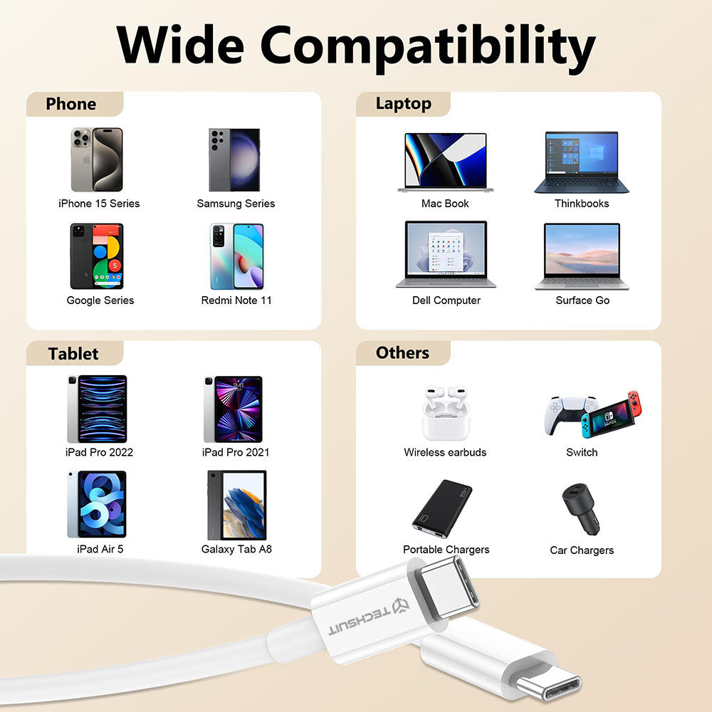 Data- en Oplaadkabel USB-C - USB-C Techsuit PCB130, 60W, 1m, Wit