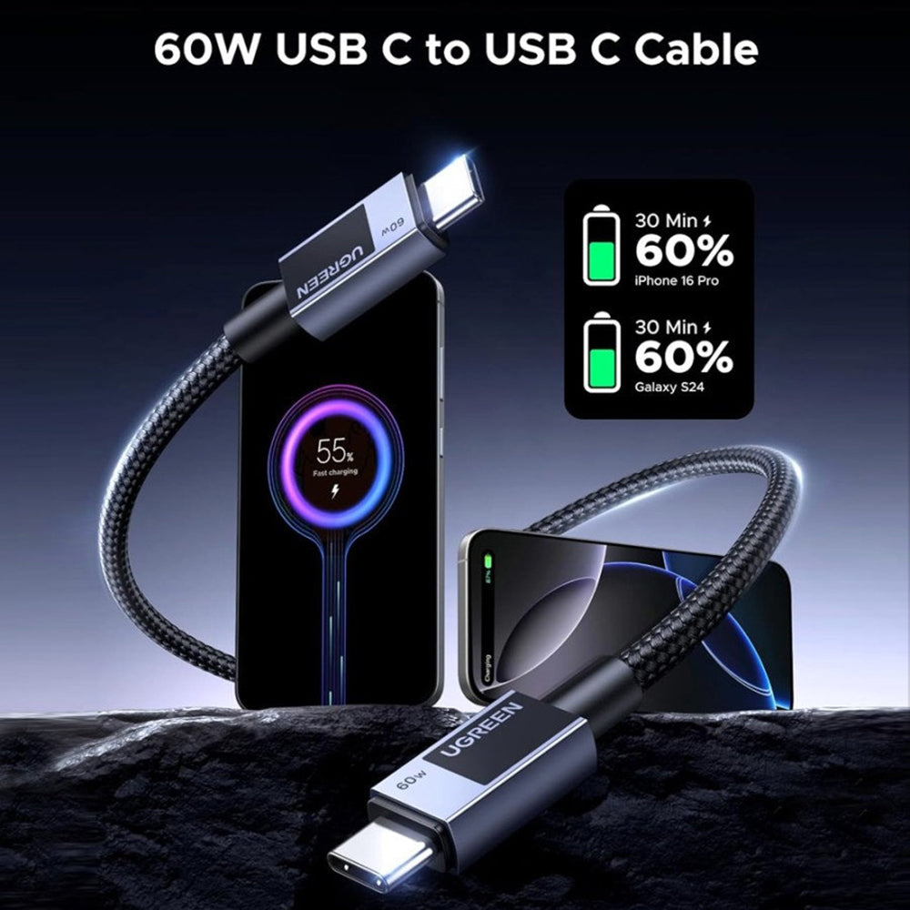 USB-C Data- en Oplaadkabel - USB-C UGREEN L524, 60W, 1m, Gri