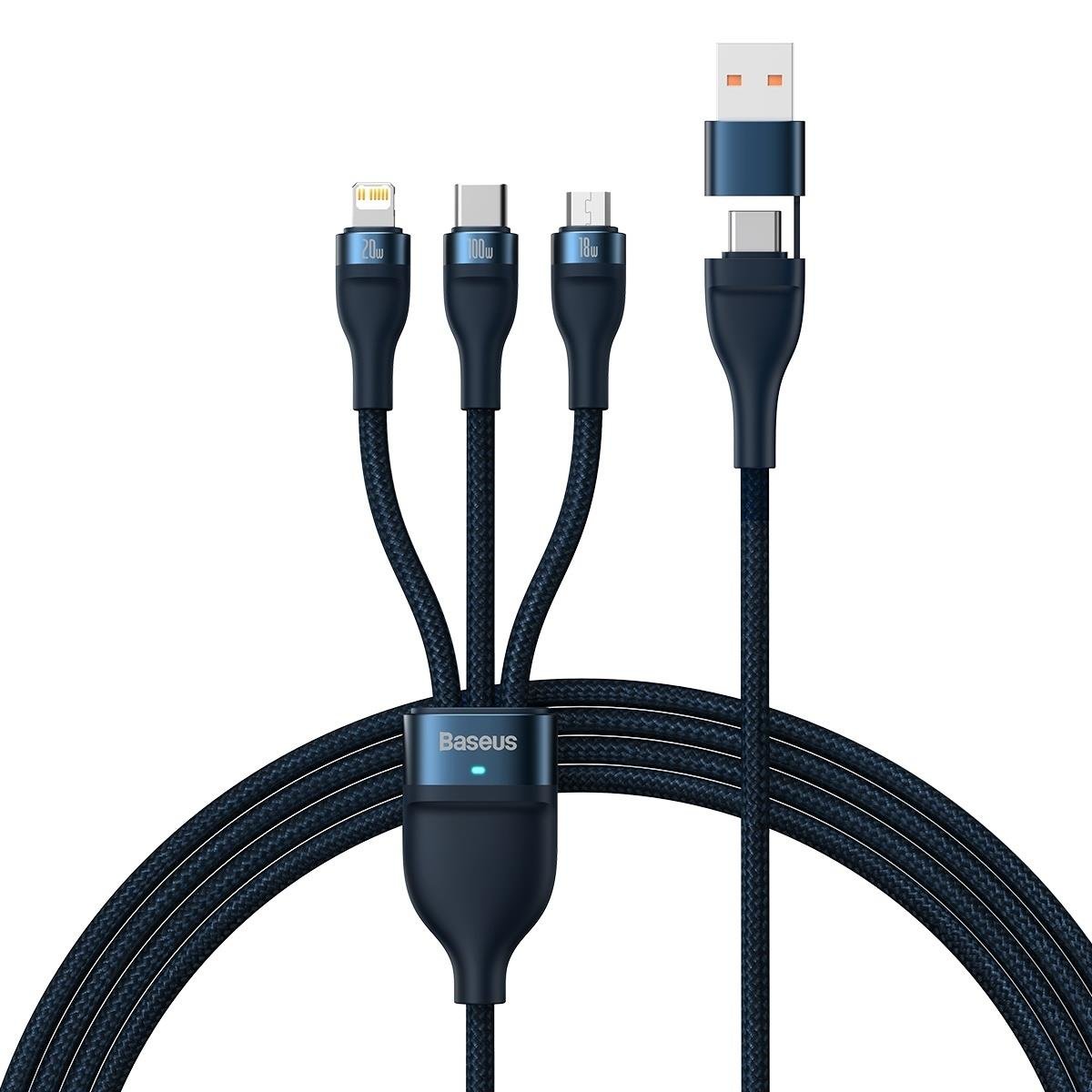 USB-C / USB-A Oplaadkabel - Lightning / microUSB / USB-C Baseus Flash Series II, 100W, 1,2m, Marineblauw CASS030103