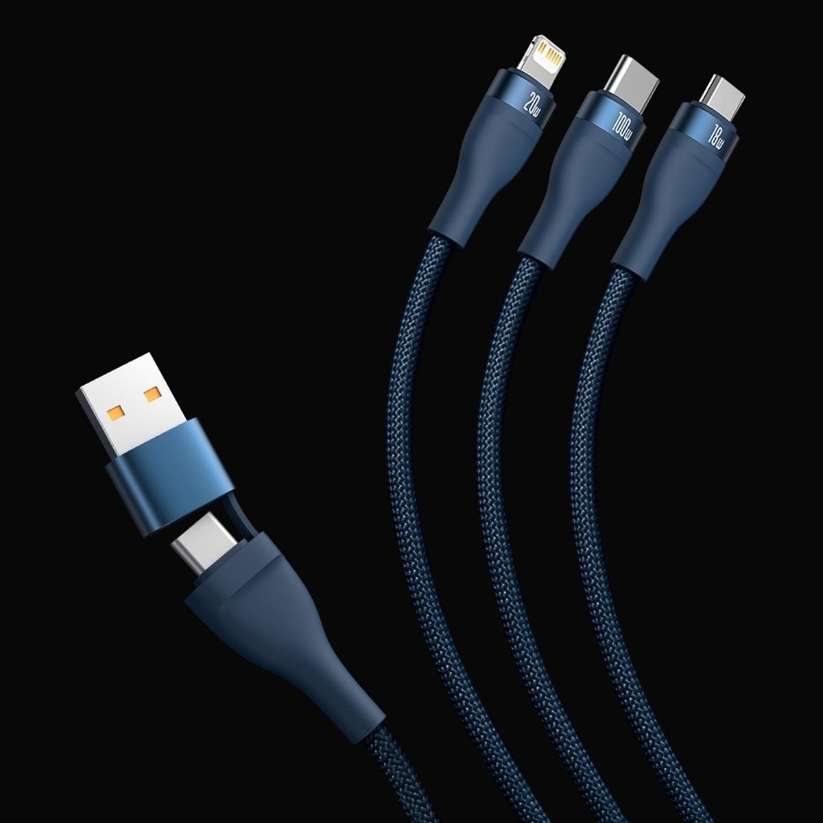 USB-C / USB-A Oplaadkabel - Lightning / microUSB / USB-C Baseus Flash Series II, 100W, 1,2m, Marineblauw CASS030103
