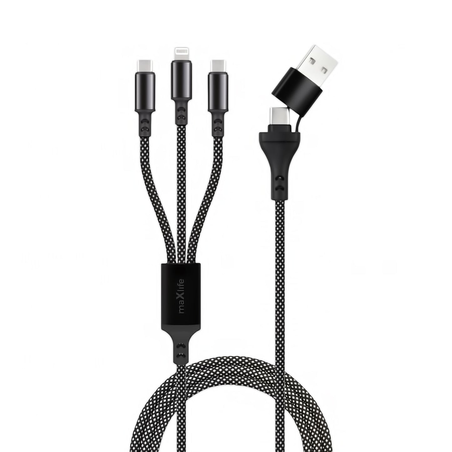 USB-A / USB-C - Lightning / USB-C MaXlife 3in1 Oplaadkabel, 66W, 1m, Zwart