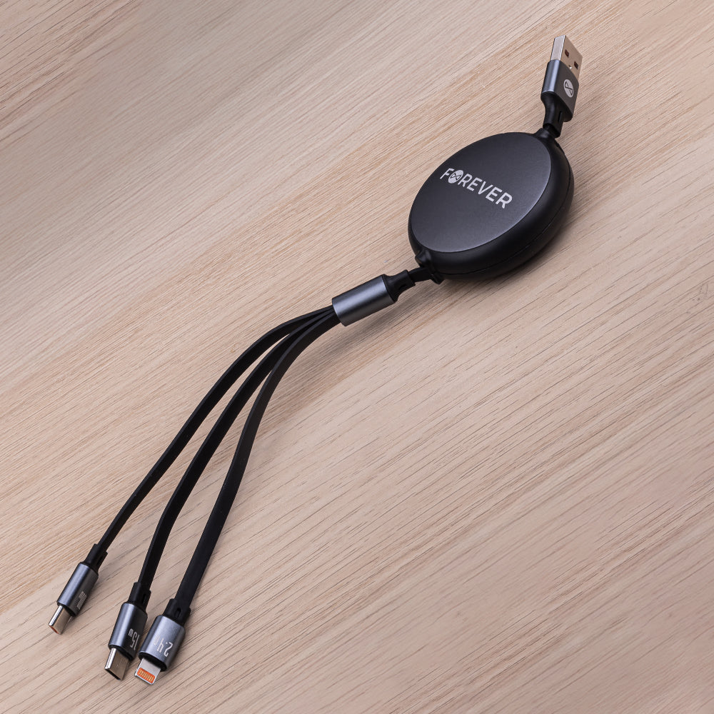 Oplaadkabel USB-A - Lightning / 2 x USB-C Forever 3in1, 100W, 1.2m, Zwart