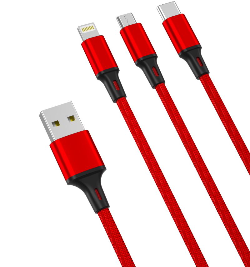 USB-A - Lightning / microUSB / USB-C Oplaadkabel XO Design NB173 3in1, 18W, 1.2m, Rood