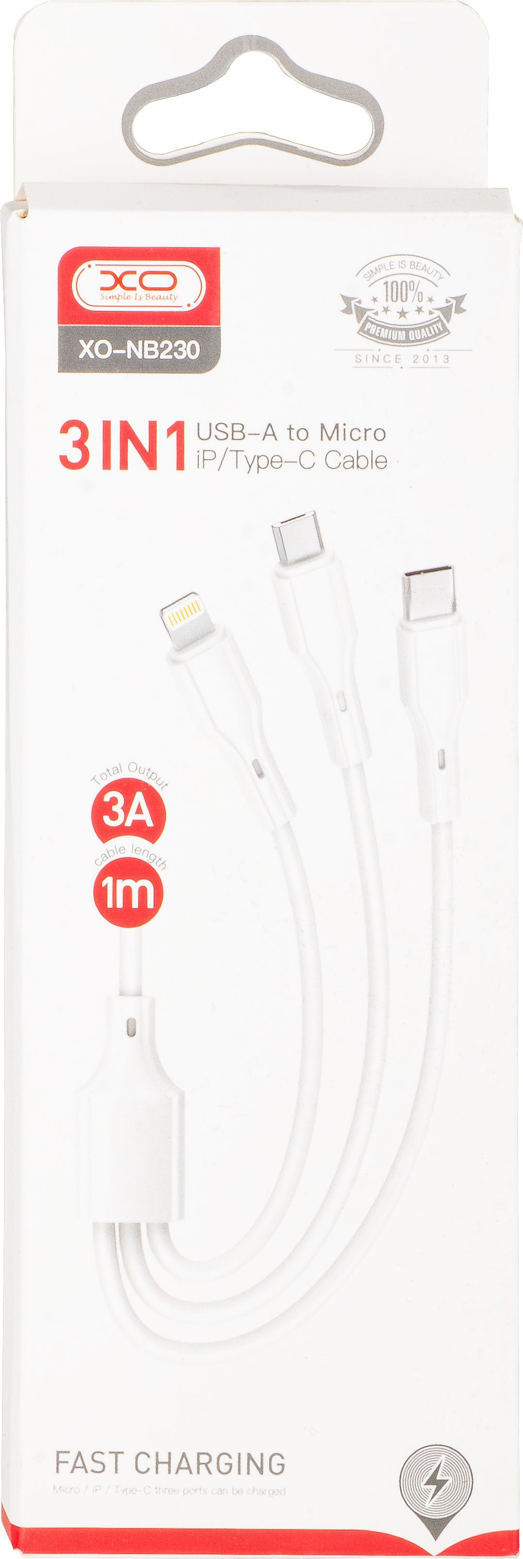 Oplaadkabel USB-A - Lightning / microUSB / USB-C XO Design NB230 3in1, 20W, 1m, Wit