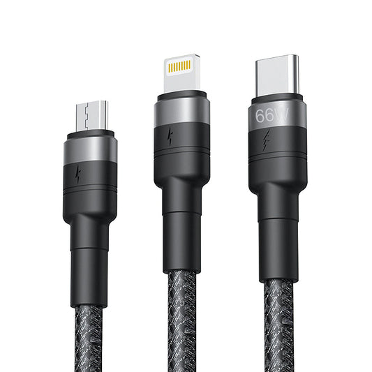 USB-A - Lightning / microUSB / USB-C Oplaadkabel XO Design NB-Q191 3in1, 66W, 1.2m, Zwart