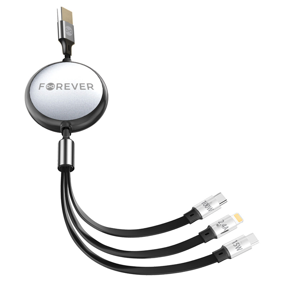 Oplaadkabel USB-A - Lightning / 2 x USB-C Forever 3in1, 100W, 1.2m, Zwart