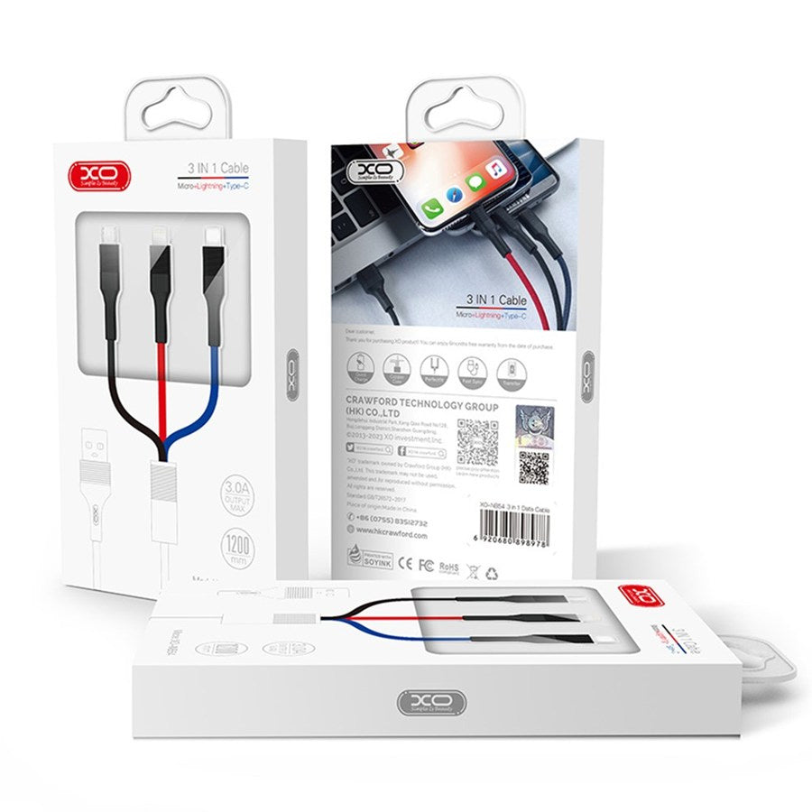 Oplaadkabel USB-A - Lightning / microUSB / USB-C XO Design NB54, 18W, 1.2m, Meerkleurig