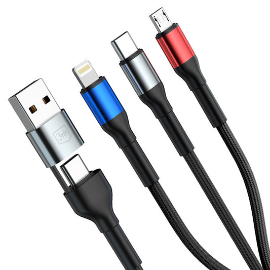 USB-A / USB-C - Lightning / microUSB / USB-C 3MK Hyper N Oplaadkabel, 18W, 1.2m, Zwart