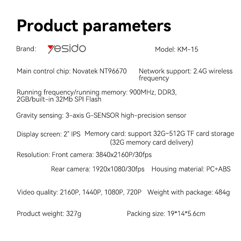Auto Camera Voor Achter Yesido KM15, 4K, Wi-Fi, Display 2 inch