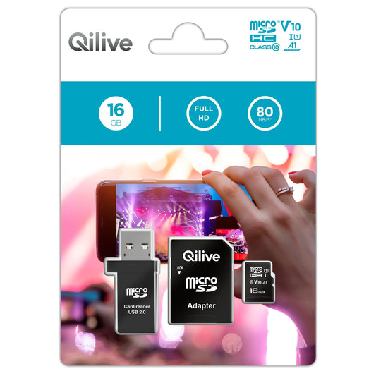 microSDHC Geheugenkaart Qilive, 16Gb, Klasse 10, Met Kaartlezer en Adapter EKMSDM16GHC10QL