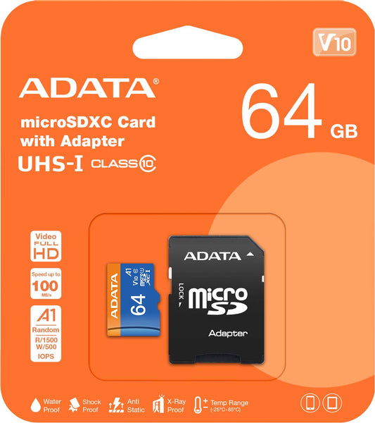 Adata microSDXC-geheugenkaart, 64Gb, Klasse 10 / UHS-1 U1, Met adapter AUSDX64GUICL10A1-RA1 AUSDX64GUICL10A1-RA1