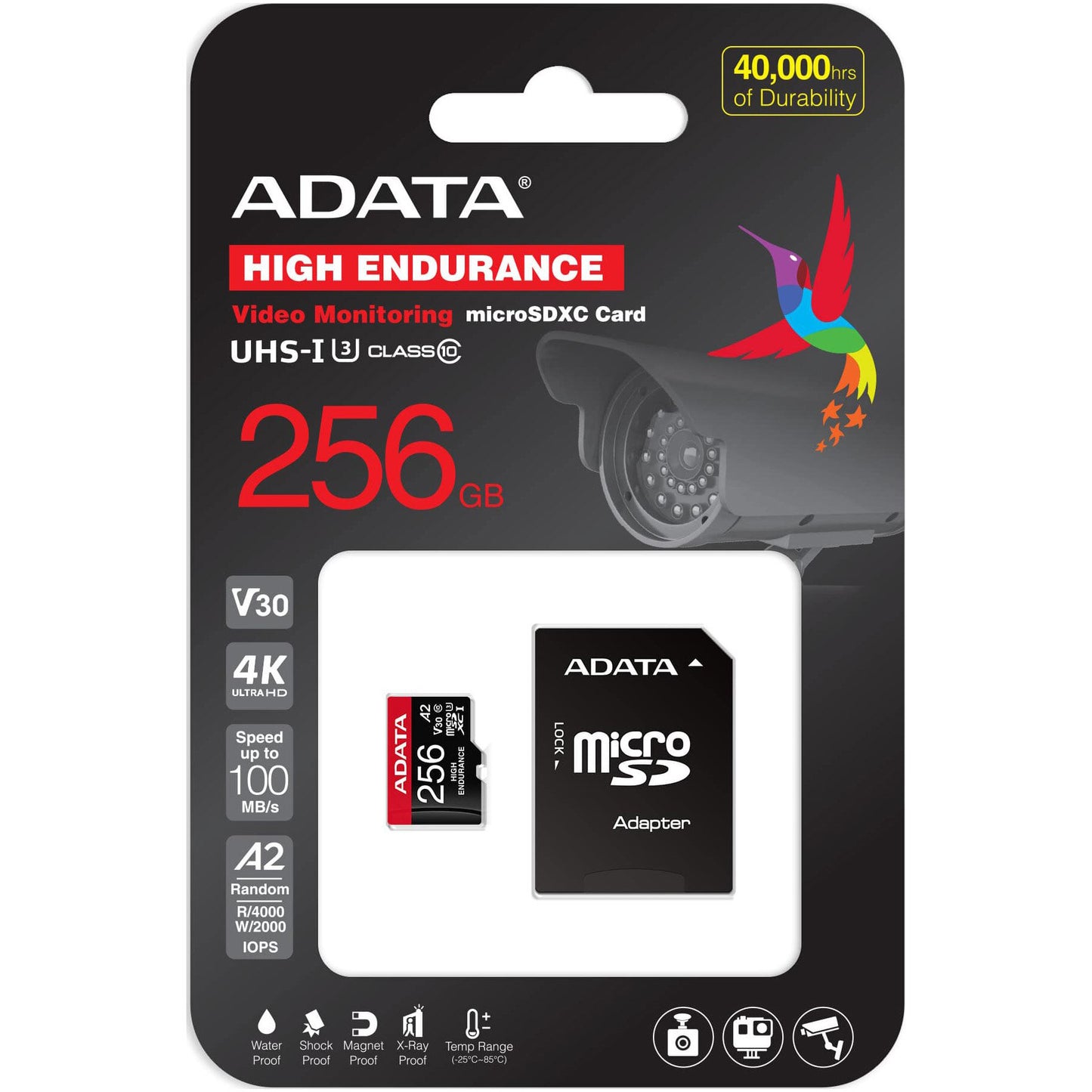 Geheugenkaart microSDXC Adata High Endurance, 256Gb, Klasse 10 / UHS-1 U3, Met Adapter AUSDX256GUI3V30SHA2-RA1