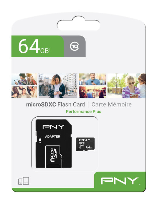 MicroSDXC Geheugenkaart PNY Performance Plus, 64Gb, Klasse 10, Met Adapter P-SDU64G10PPL-GE