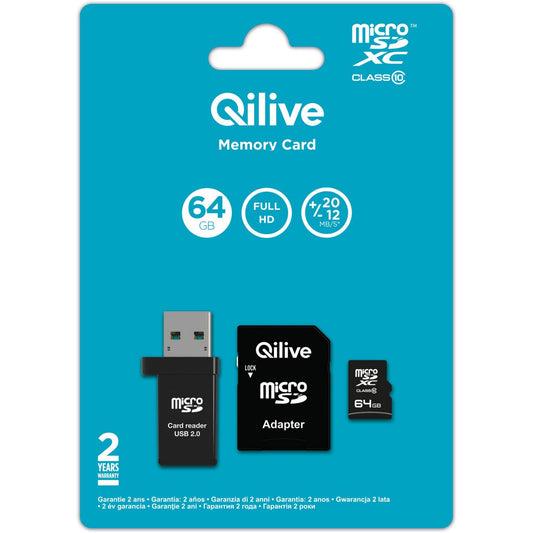 Qilive microSDXC Geheugenkaart, 64Gb, Klasse 10, Met Kaartlezer en Adapter EKMSDM64GXC10QL