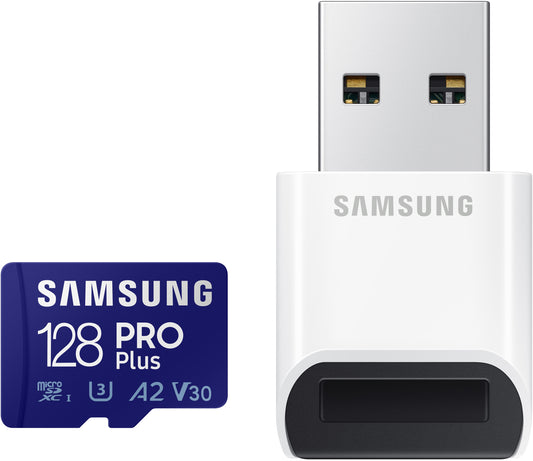 Samsung PRO Plus microSDXC Geheugenkaart, 128Gb, Klasse 10 / UHS-1 U3, Met Kaartlezer en Adapter MB-MD128KB/WW
