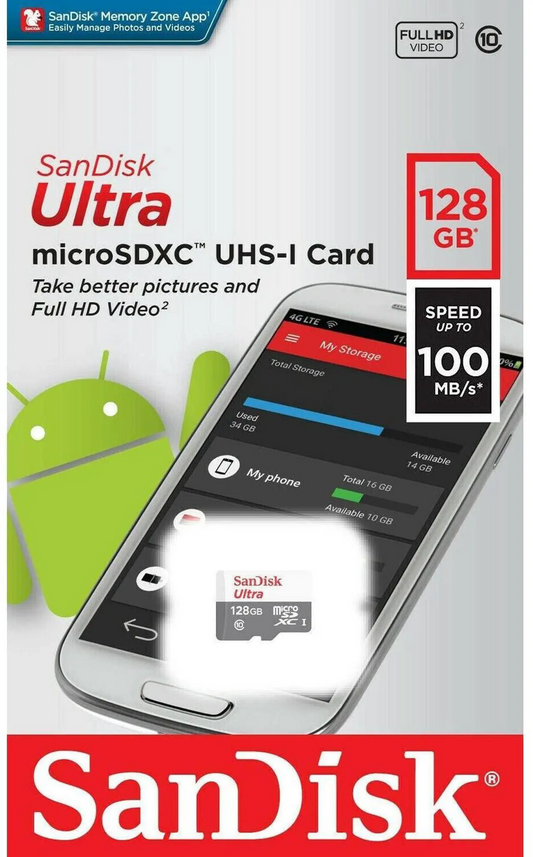 SanDisk Ultra microSDXC Geheugenkaart, 128Gb, Klasse 10 SDSQUNR-128G-GN3MN