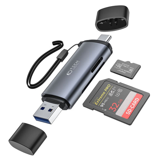 USB / USB-C-kaartlezer Tech-Protect, SD - microSD, Grijs