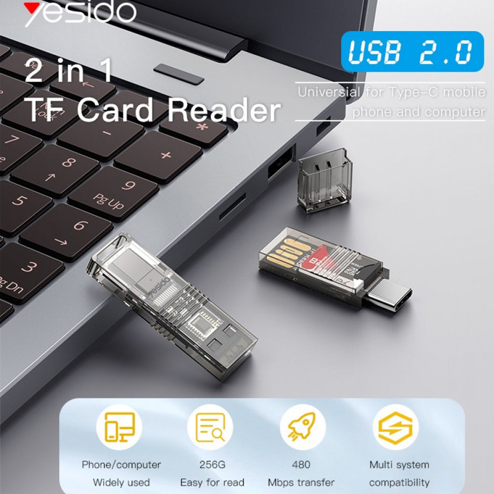 USB / USB-C Kaartlezer Yesido GS21, microSD, Transparant