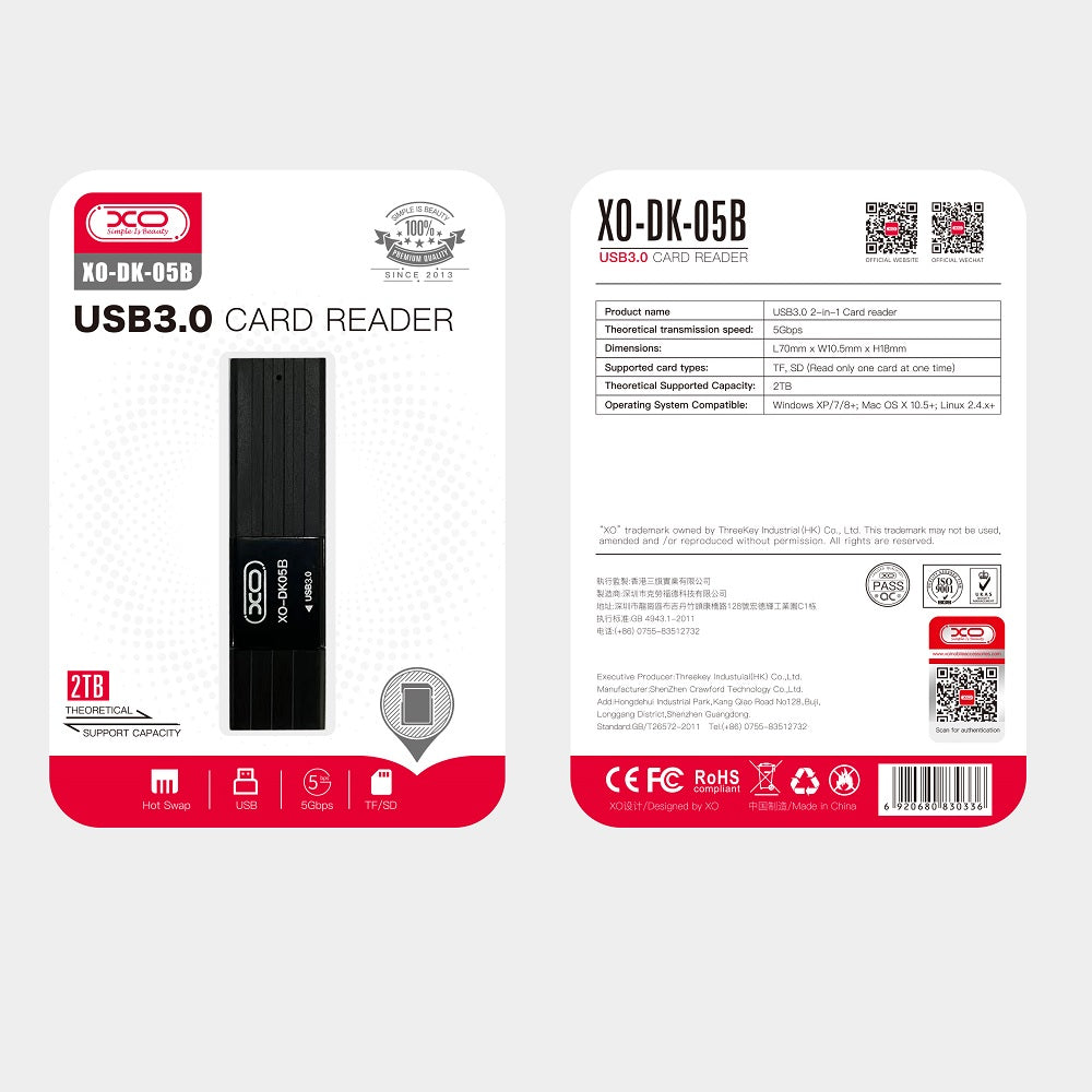 USB 3.0 Kaartlezer XO Design DK05B, SD - microSD, Zwart