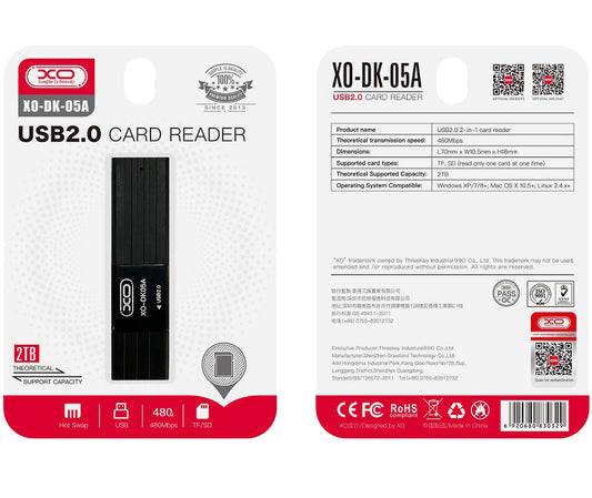 USB-kaartlezer XO Design DK05A, SD - microSD, Zwart