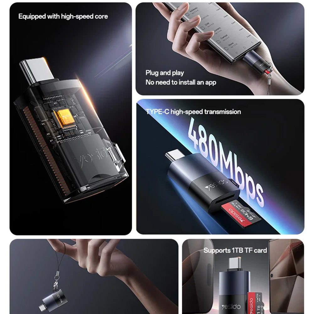 USB-C Kaartlezer Yesido GS37, microSD, Zwart