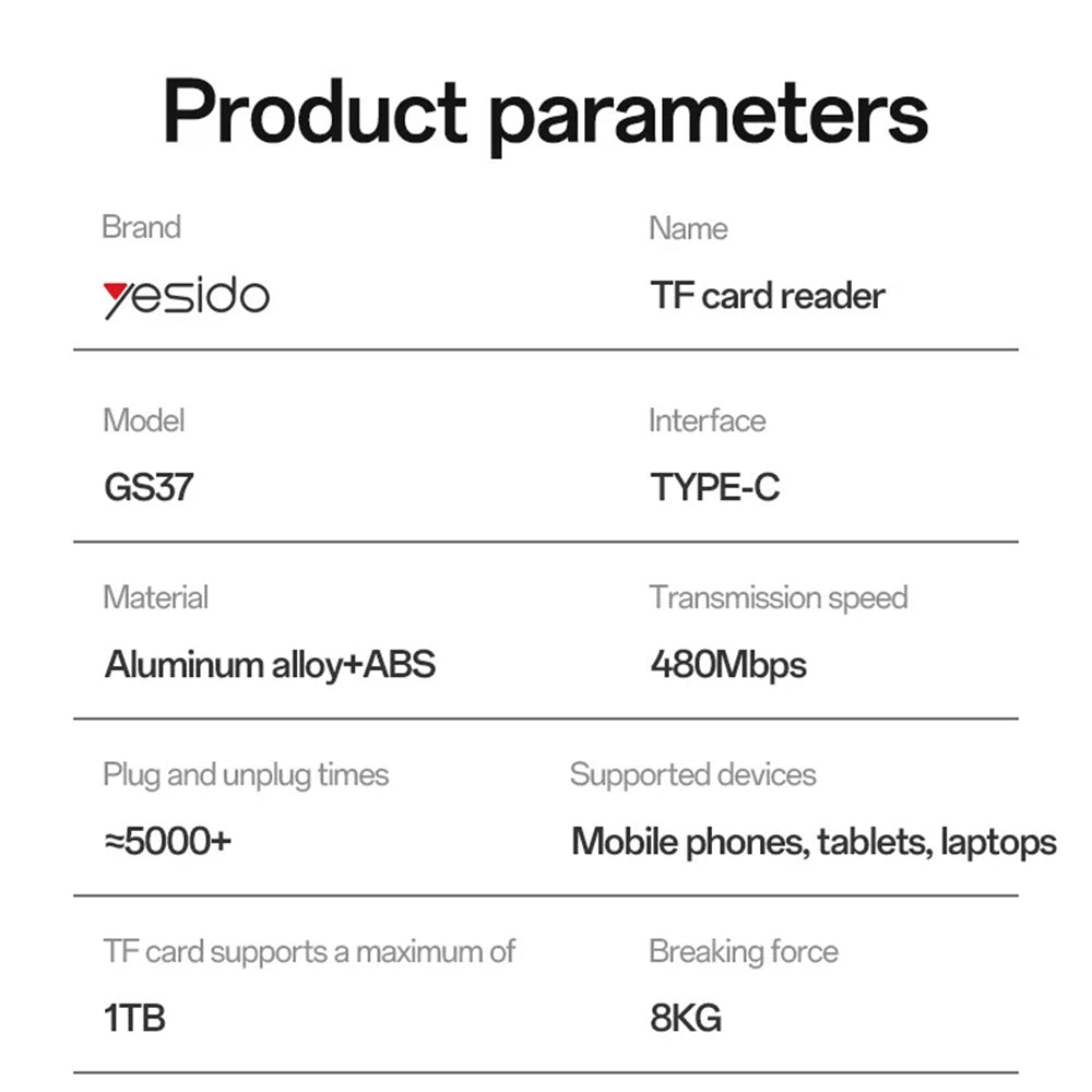 USB-C Kaartlezer Yesido GS37, microSD, Zwart