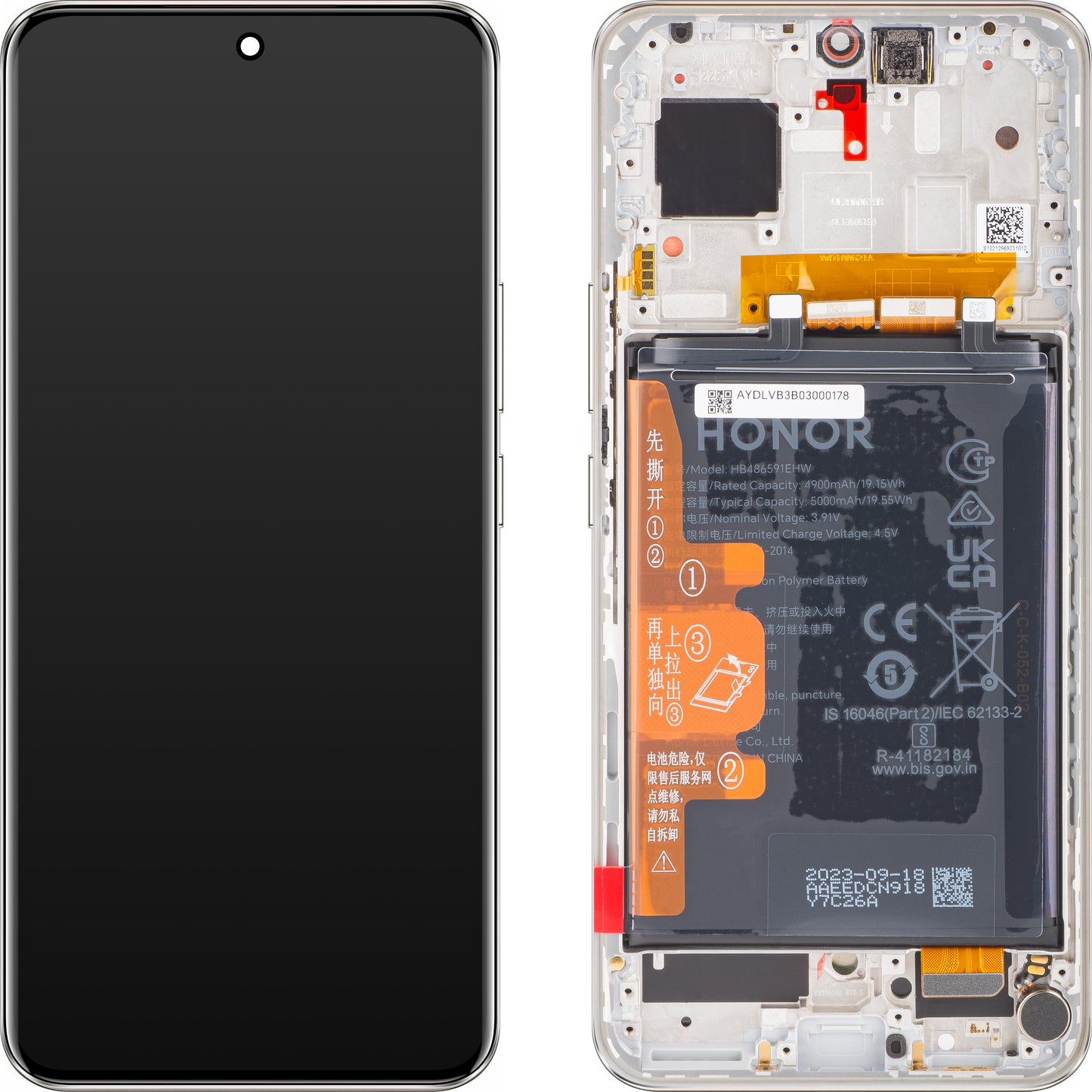 Touchscreen scherm Honor 90, met frame en batterij, zilver (Diamond Silver), Service Pack 0235AGDR