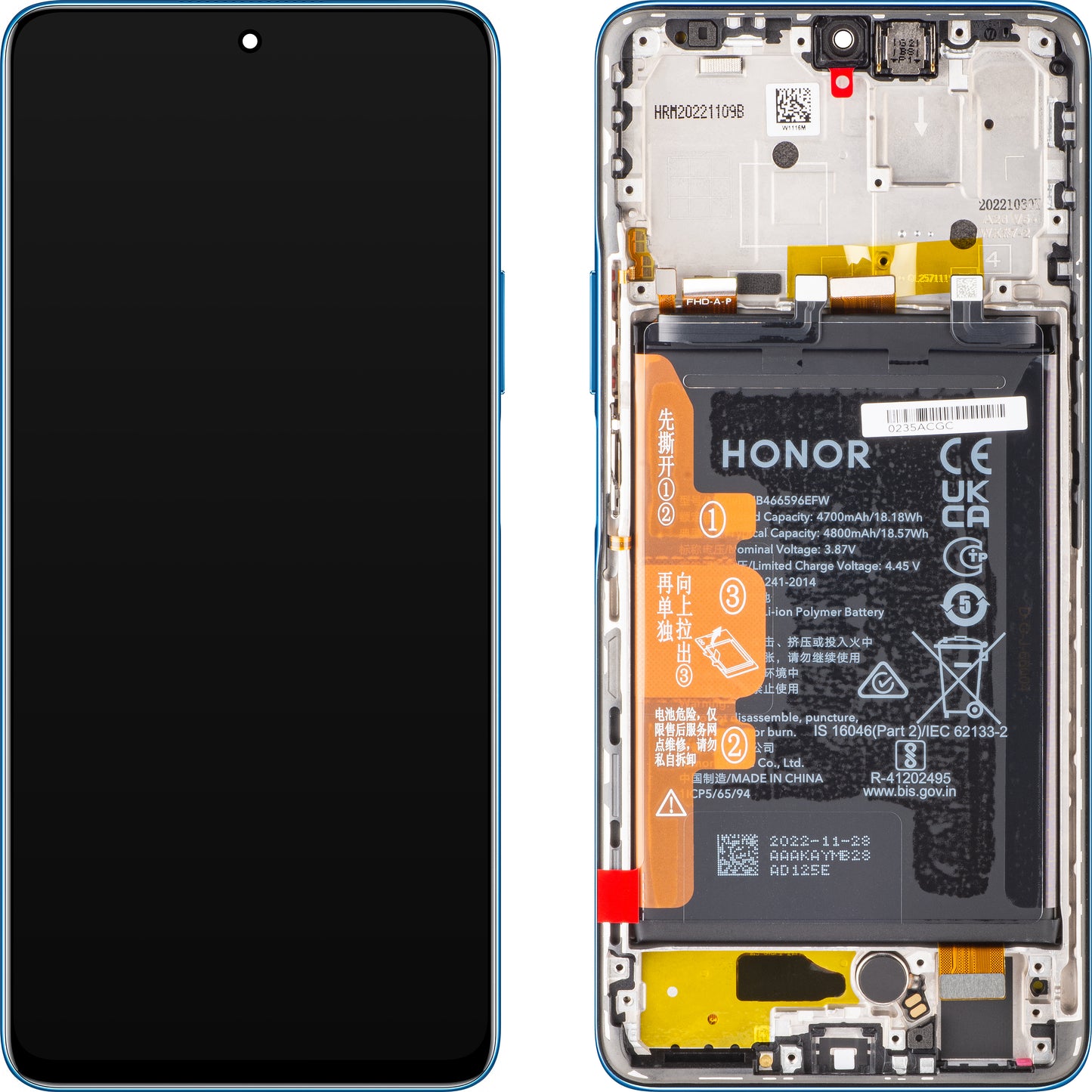 Touchscreen Honor Magic4 Lite, met frame en batterij, blauw (oceaanblauw), Service Pack 0235ABST