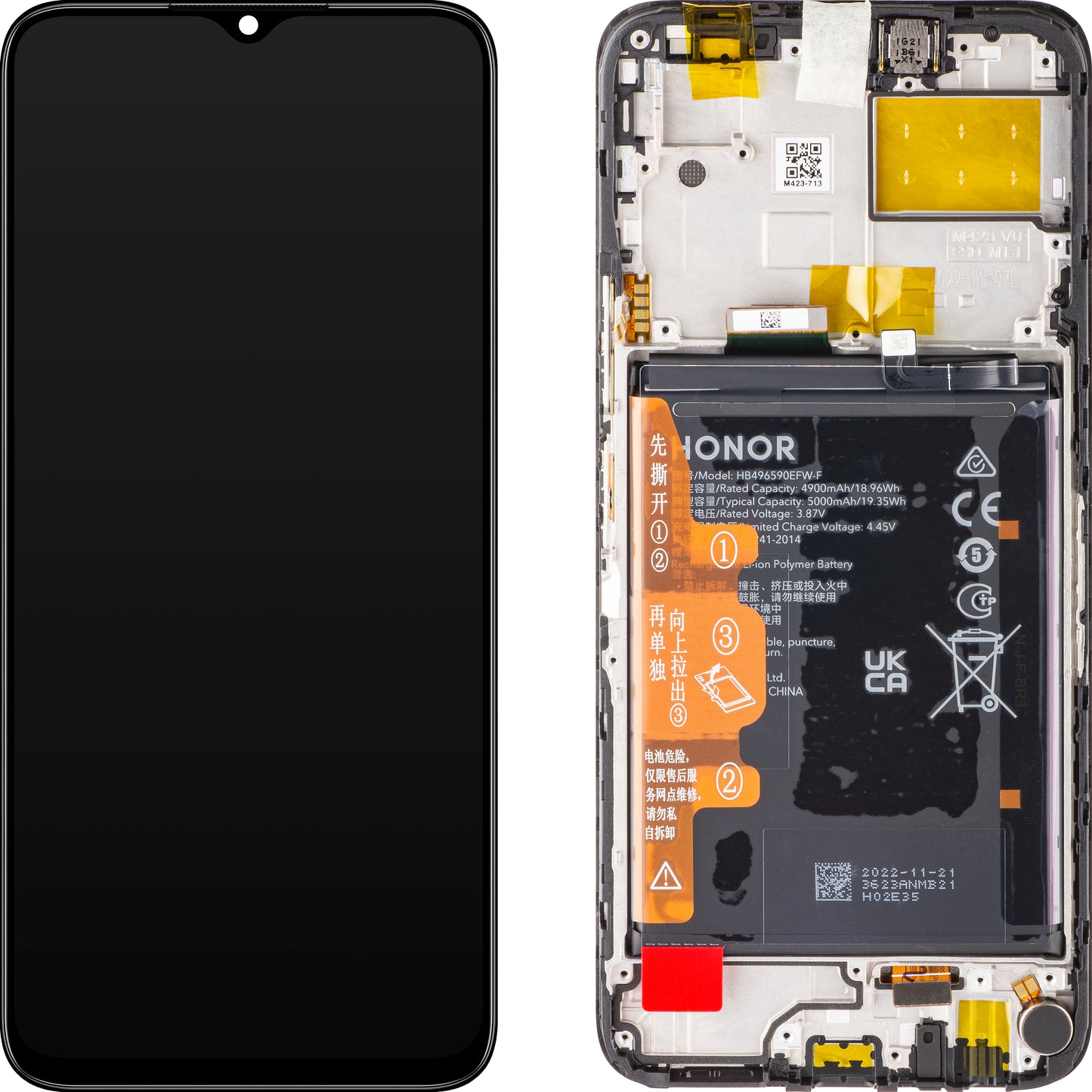 Touchscreen scherm Honor X8 5G, met frame en batterij, Midnight Black, Service Pack 0235ADAK