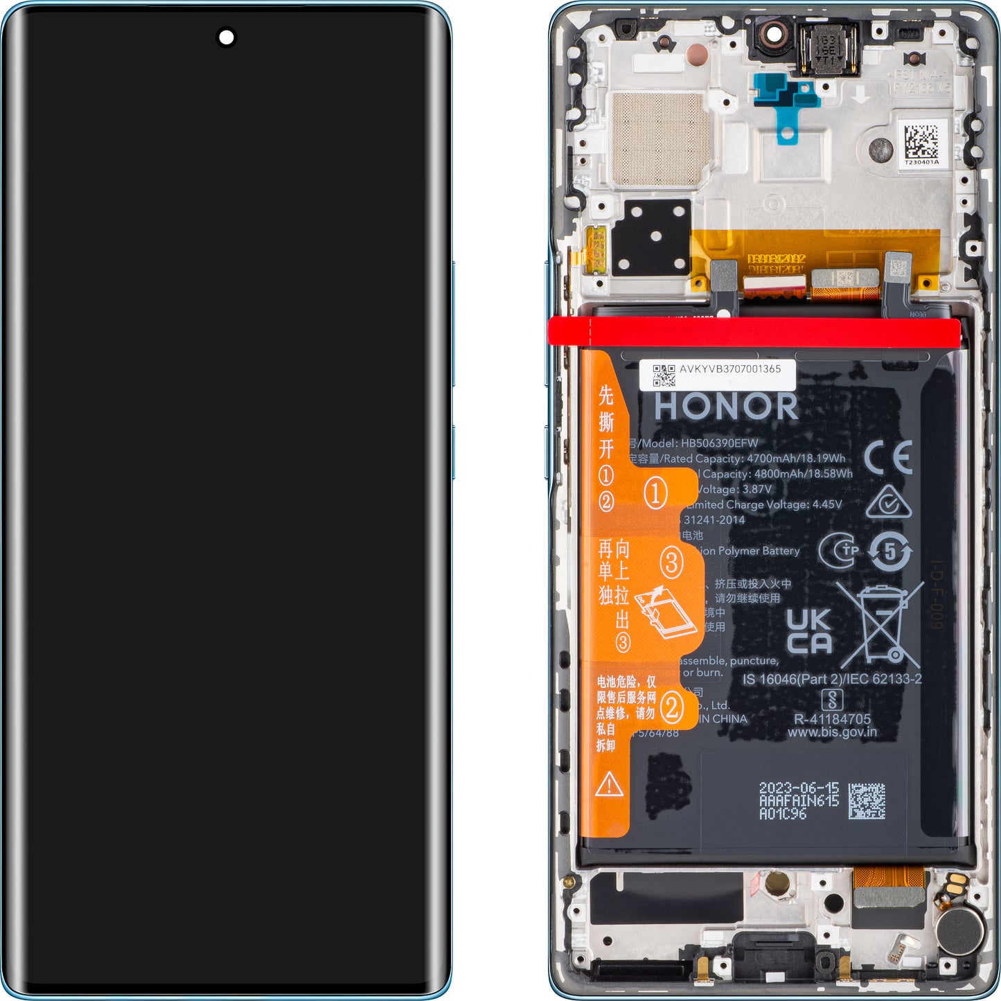 Touchscreen scherm Honor 70, met frame en batterij, blauw (IJslandse vorst), Service Pack 0235ACMJ