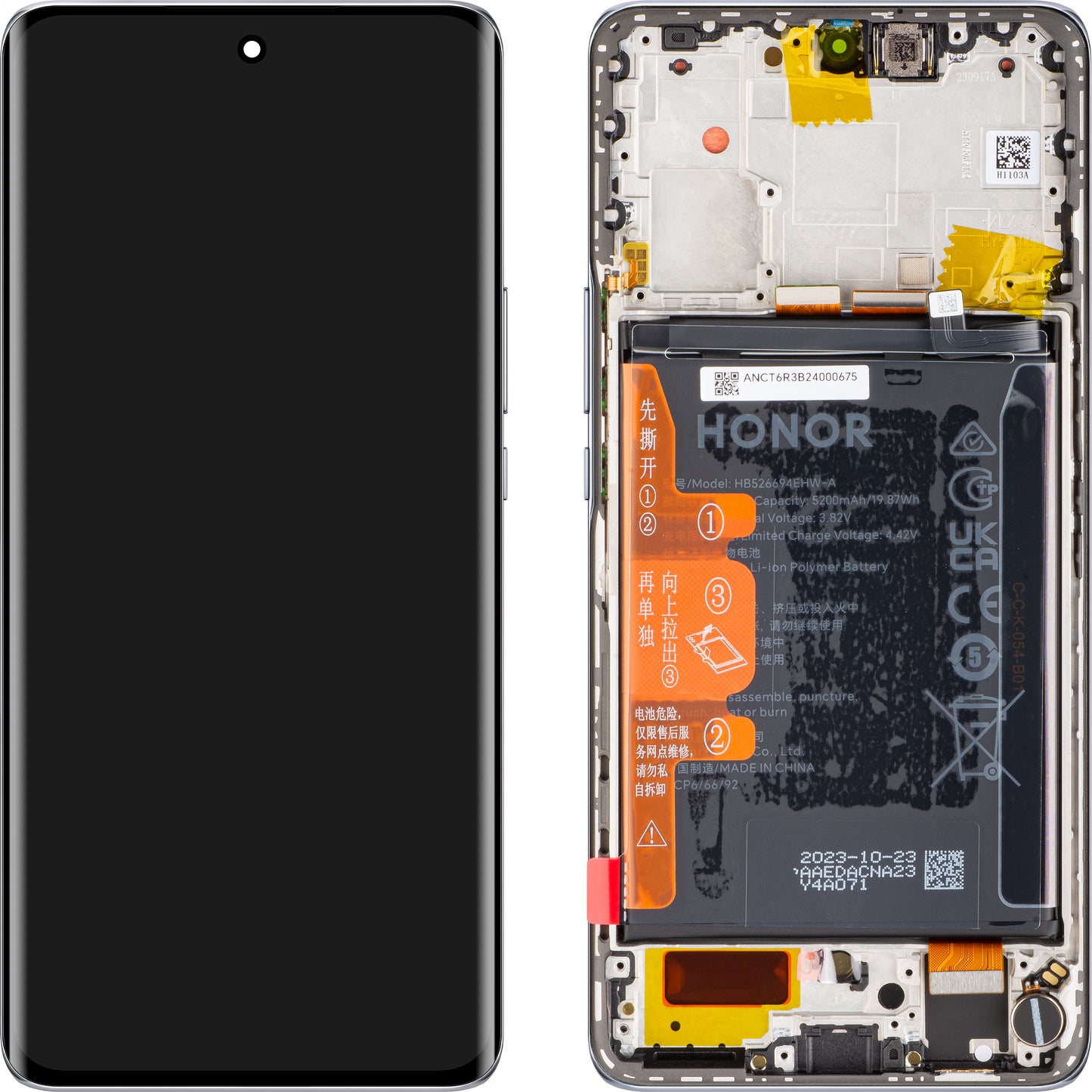 Touchscreen scherm Honor Magic6 Lite, met frame en batterij, Titanium Zilver, Service Pack 0235AHHR