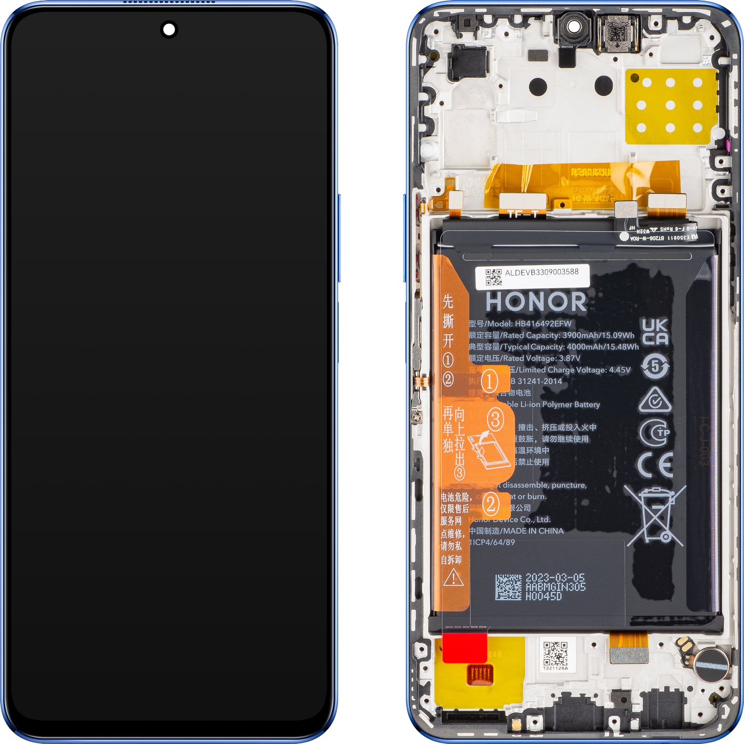Beeldscherm met aanraakscherm Honor X8 4G, met frame en batterij, blauw (oceaanblauw), Service Pack 0235ACDR