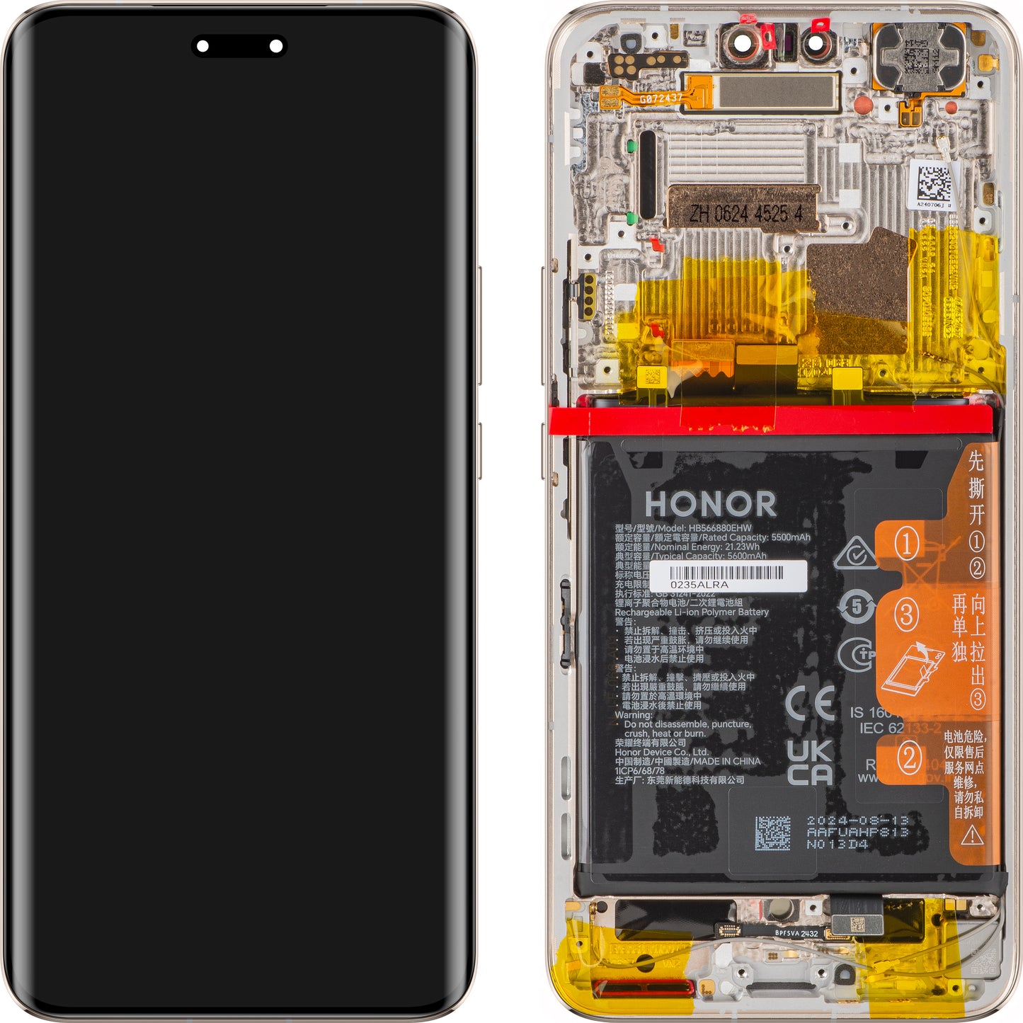 Display met aanraakscherm Honor Magic6 Pro, met frame en batterij, goud, Service Pack 0235ALRA