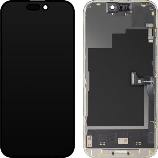 Touchscreen-display en nabijheidssensor MP compatibel met Apple iPhone 15 Pro, met frame, Soft OLED FHD 120Hz Diagnostic versie, zwart