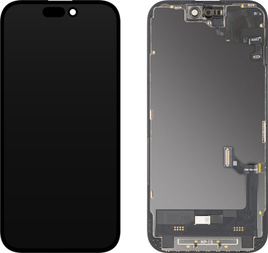 Display met touchscreen en nabijheidssensor MP compatibel met Apple iPhone 15, met frame, Soft OLED FHD Diagnostic versie, zwart