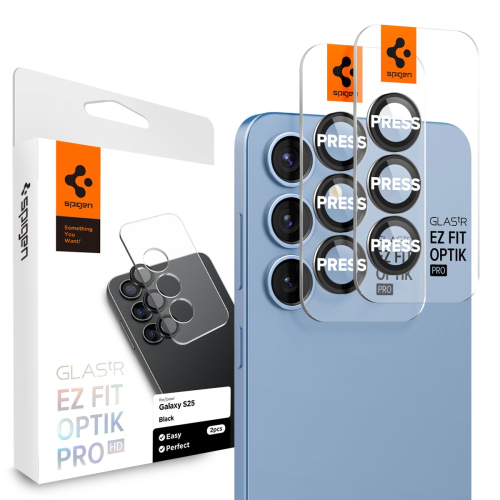 Beschermfolie Achtercamera Spigen GlastR EZ FIT Optik Pro HD voor Samsung Galaxy S25 S931, Gehard Glas, Set van 2 stuks, Zwart AGL09092