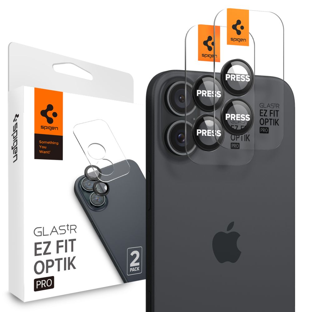 Beschermfolie Achtercamera Spigen GlastR EZ FIT Optik Pro voor Apple iPhone 17 / 16 Plus / 16, Gehard Glas, Set van 2 stuks, Zwart AGL07921