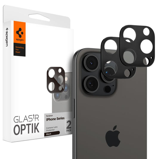 Spigen Optik Beschermfolie voor Achtercamera van Apple iPhone 15 Pro Max / 15 Pro, Glasbeschermd, Volledig gelijmd, Set 2 stuks, Zwart AGL05273