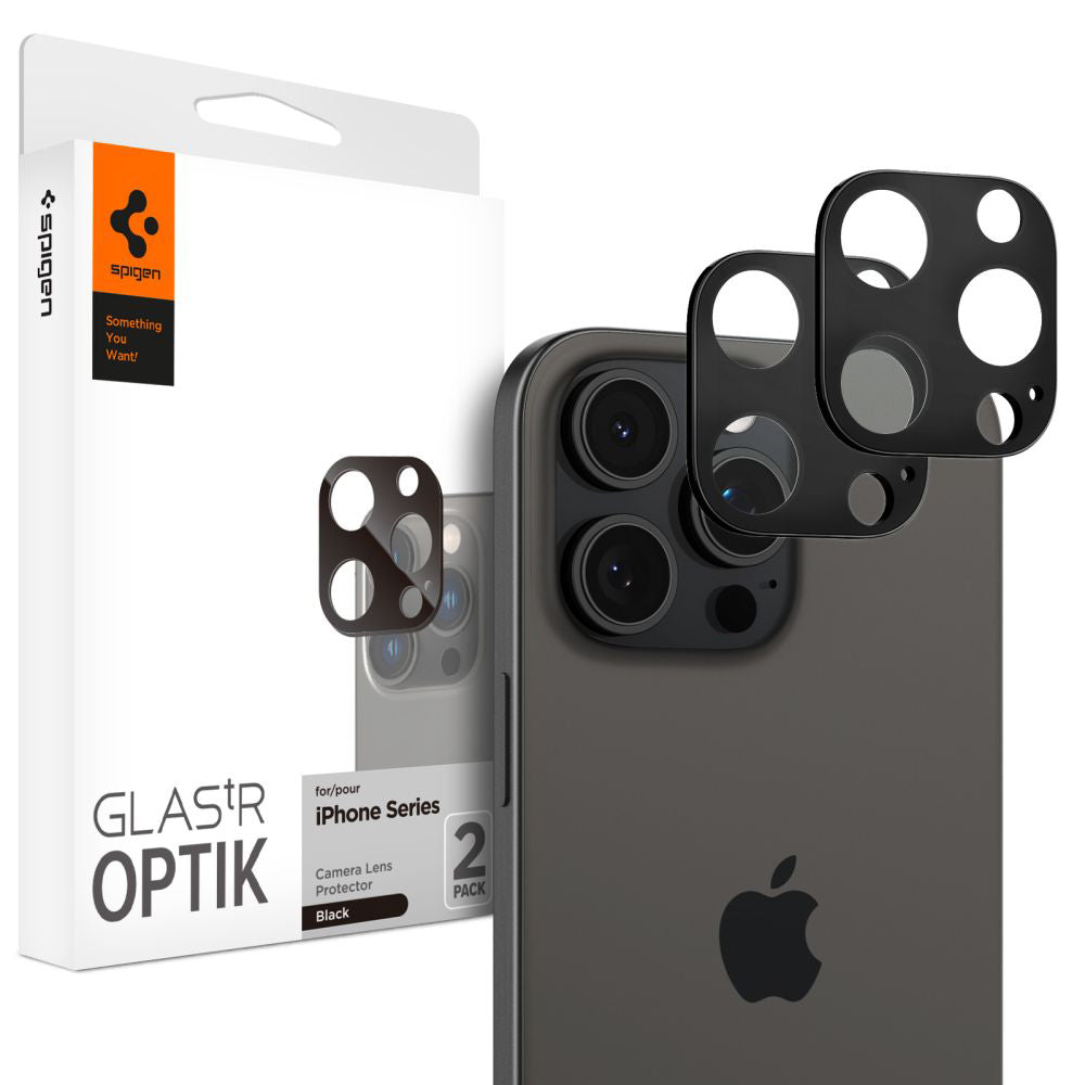 Beschermfolie Spigen GlastR Optik voor Apple iPhone 16 Pro Max Achtercamera, Gehard Glas, Set van 2 stuks, Zwart AGL05273